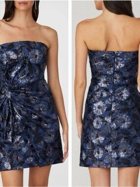 Shoshanna Navy Blue and Black Strapless Sequin Floral Mini Dress